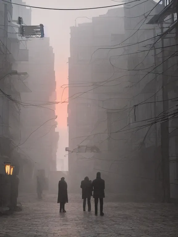 Image similar to bladerunner 2 0 4 9 fillm still of low residential building in russian suburbs, lights are on in the windows, deep night, post - soviet courtyard, cozy atmosphere, light fog, street lamps with orange light, several birches nearby, several elderly people stand at the entrance to the building