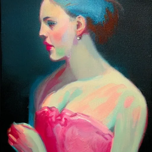 Image similar to romantic painted portrait of a modern woman. has a bit of cyan and pink. masterpiece