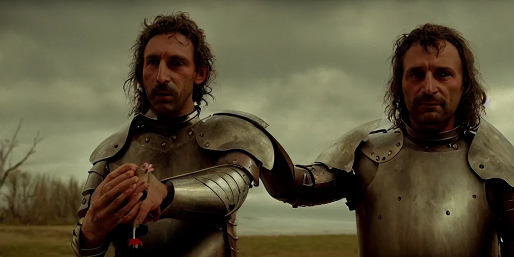 Image similar to film still of closeup the knight holds a bleeding heart in his hand by emmanuel lubezki