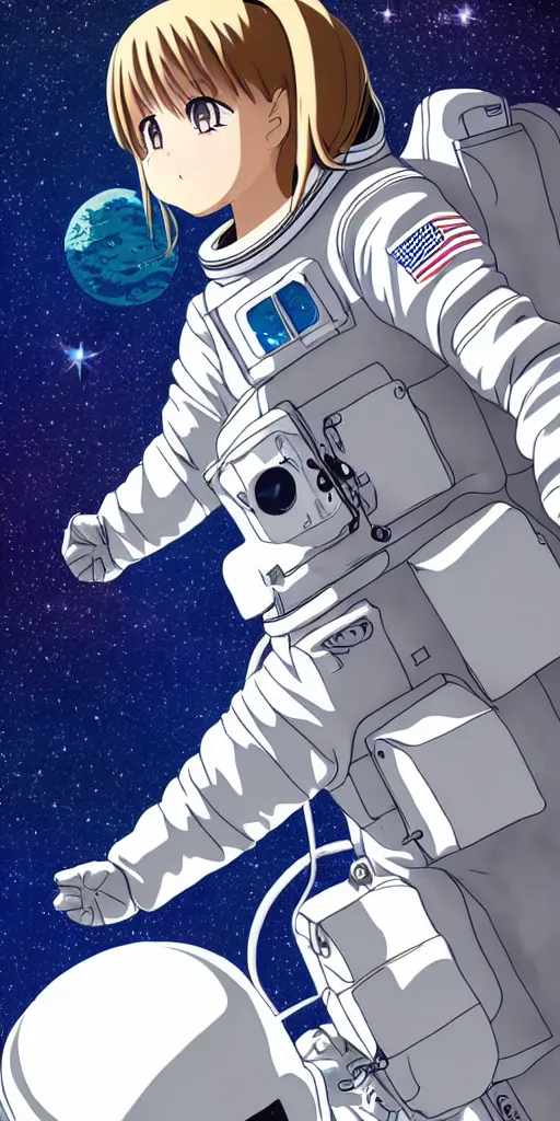 Image similar to anime female astronaut floating through space, liminal, lonely, highly detailed