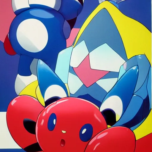 Image similar to A cute pokemon that resembles a blue bill wearing a puffy red coat by James Rosenquist