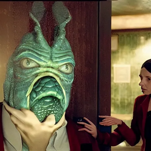 Prompt: frame from the movie pepe shape of water