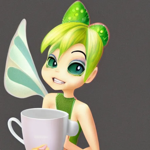 Prompt: detailed 4k UHD digital painting of chibi Tinkerbell in a coffee cup hungover with heavy eyeliner wearing a towel