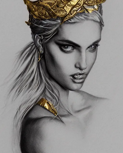 Image similar to tattoo design sketch of cute beautiful blonde super model as aphrodite greek goddess wearing a gold laurel wreath and triangle earrings, beautiful piercing gaze with sharp pupils, in the style of greg rutkowski, fantasy, amazing detail, epic, elegant, smooth, sharp focus, front view