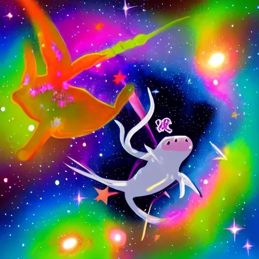 Image similar to an axolotl riding nyan cat through space, nebula, colorful