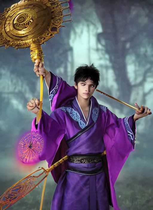 Prompt: An epic fantasy comic book style portrait painting of teenager boy with straight indigo hair, purple eyes with red eye markers, slim body, wearing a detailed Japanese kimono with golden armpieces, holding a pair of fans. Unreal 5, DAZ, hyperrealistic, octane render, cosplay, RPG portrait, dynamic lighting