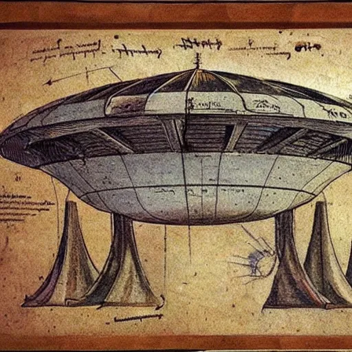 Prompt: vintage, detailed, colored sketch of ufo construction, all parts, with full descriptions, on old parchment, by leonardo da vinci!