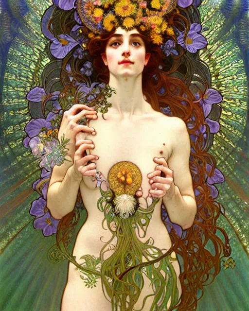 Image similar to goddess of nature, unusual beauty, fauna, flowers, plants, emotionally evoking symbolic metaphors, head in focus, fantasy, ornamental, intricate, elegant, sensual, highly detailed digital painting, artstation, concept art, painterly, golden ratio, sharp focus, illustration, art by Alphonse Mucha and Boris Vallejo and Arcimboldo and Zdzisław Beksiński,