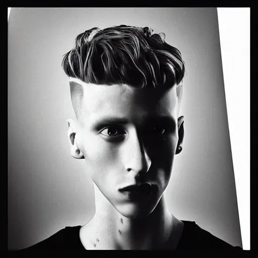 Image similar to “a realistic detailed photo of a guy who is an attractive humanoid who is half robot and half humanoid, who is a male android, rapper Machine Gun Kelly, shiny skin, posing like a statue, blank stare”