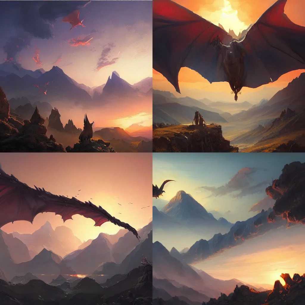 landscape painting of mountains with dragons flying | Stable Diffusion ...