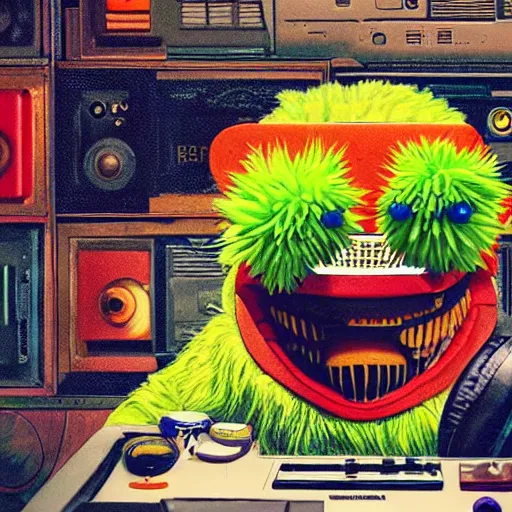 Image similar to a portrait of an anthropomorphic tennis ball monster by sandra chevrier, detailed render, tape deck, boombox, headphones, epic composition, cybernetics, 4 k realistic, cryengine, realistic shaded lighting, sharp focus, masterpiece, by matteo scalera, gary montalbano, peter elson in the style of the tokyo ghost comic