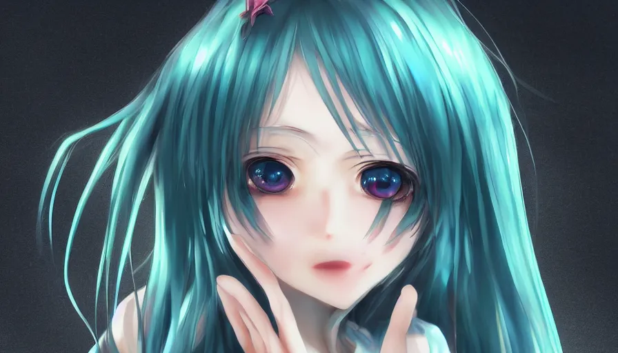 Image similar to cute anime girl by wlop, detailed eyes, heterochromia, bright eyes, full body shot, happy expression, short minidress, light clothing, light rain, hyper real, detailed digital art, hatsune miku, photorealistic