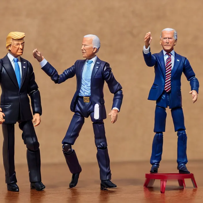 Image similar to detailed action figures of donald trump and joe biden, first 4 figures, detailed product photo