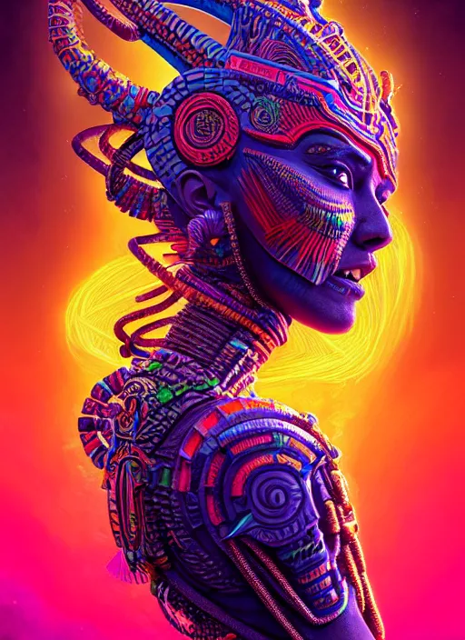 Image similar to hyper detailed ultra sharp 3 d render like a photograph aztec serpent warrior princess, fractal plane, deep voyage, parallel existence, earthwave, colorful, neon, ornate, intricate, digital painting, concept art, smooth, sharp focus, illustration, art by artgerm and greg rutkowski and h. r. giger, 8 k