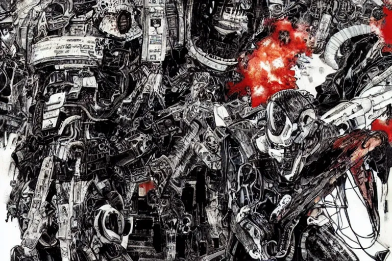 Prompt: cyborg bounty hunters, a color illustration by tsutomu nihei, tetsuo hara and katsuhiro otomo