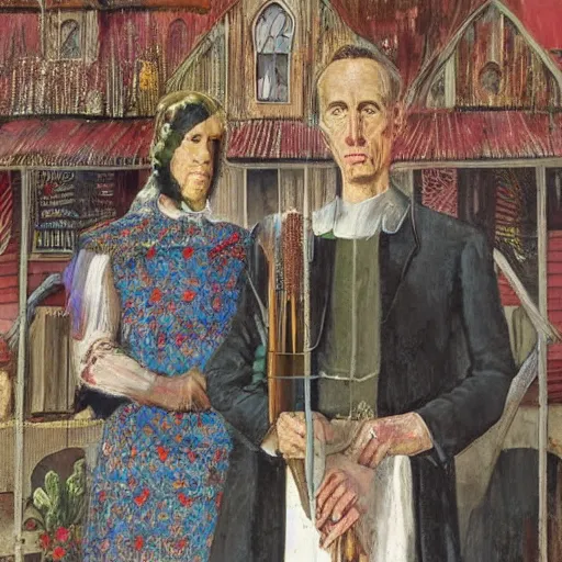 Prompt: the 'american gothic' painting, with long curly green hair painted over the man's head