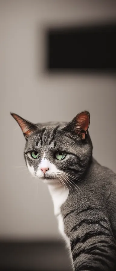 Prompt: photography of a cat with gray back and legs, white muzzle and underside, clothed with a black fedora!!! on its head, photorealistic, ultra detailed, hd, cinematic composition