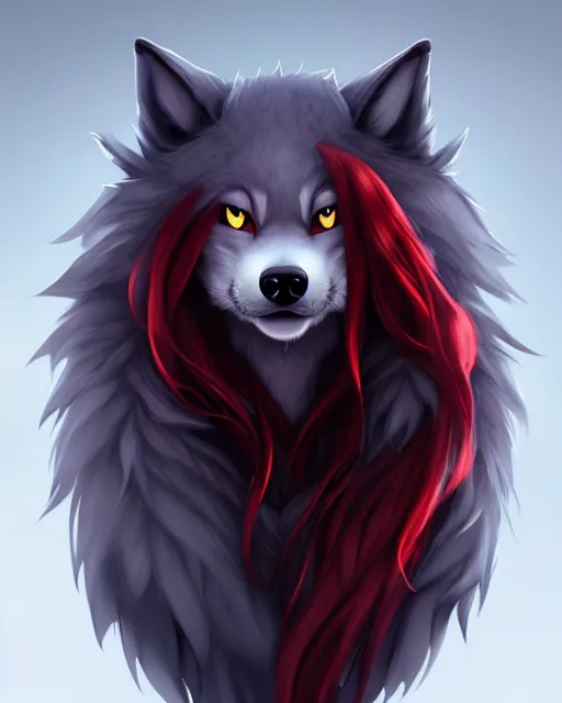 Prompt: character concept art of a dark grey anthropomorphic furry wolf with long red hair | | cute - fine - face, pretty face, key visual, realistic shaded perfect face, fine details by stanley artgerm lau, wlop, rossdraws, james jean, andrei riabovitchev, marc simonetti, and sakimichan, artstation