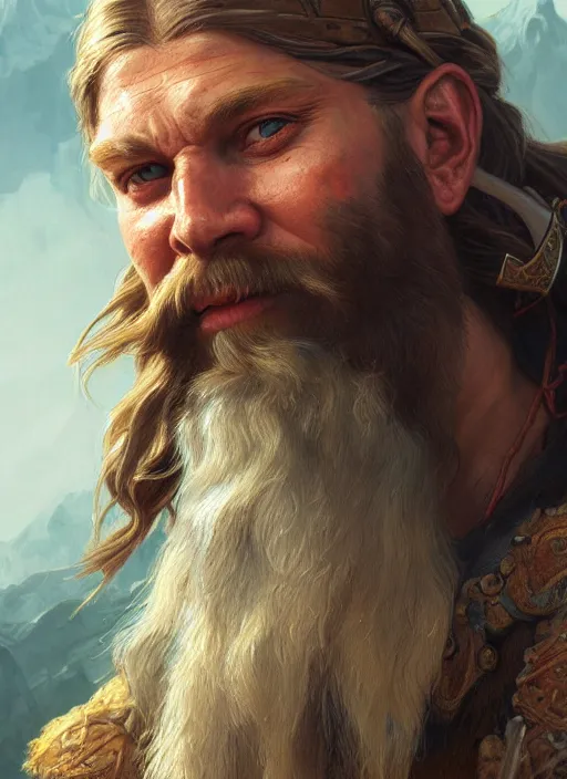 Prompt: close up portrait painting of a bearded viking warrior, ultra realistic, concept art, intricate details, serious, highly detailed, photorealistic, octane render, 8 k, unreal engine. art by artgerm and greg rutkowski and alphonse mucha