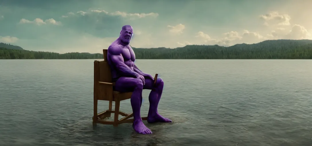 Image similar to a very high resolution image from a new movie. thanos sitting on chair in a lake, photorealistic, photography, directed by wes anderson