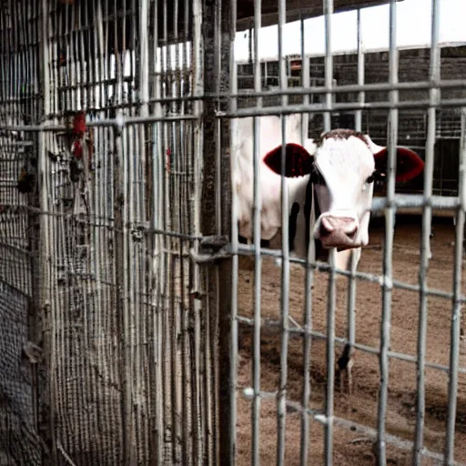 Image similar to dirty bottle of milk and a cow inside a cage, inside slaughterhouse