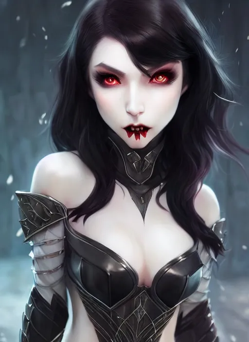 Image similar to full plate armor!!! beautiful and elegant dark hair female vampire!! gorgeous ayes!! character concept art, sharp focus, octane render! unreal engine 5! highly rendered!! trending on artstation!! detailed linework!! illustration by artgerm, wlop, and chie yoshii