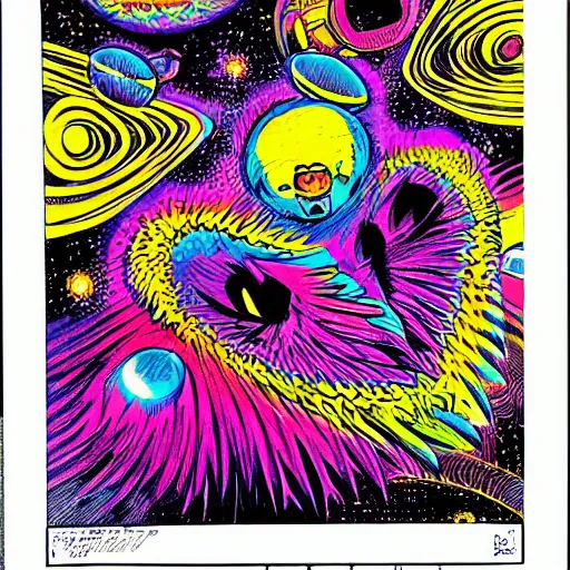 Prompt: colorful and detailed jack kirby illustration of a psychedelic bird creature on dmt in a cosmic vortex, kirby dots, good condition, aged comic book cover