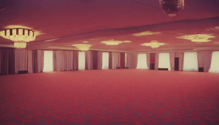 Prompt: 70s movie still of a ballroom , cinestill 800t Technicolor, heavy grain, high quality, criterion collection, liminal space style