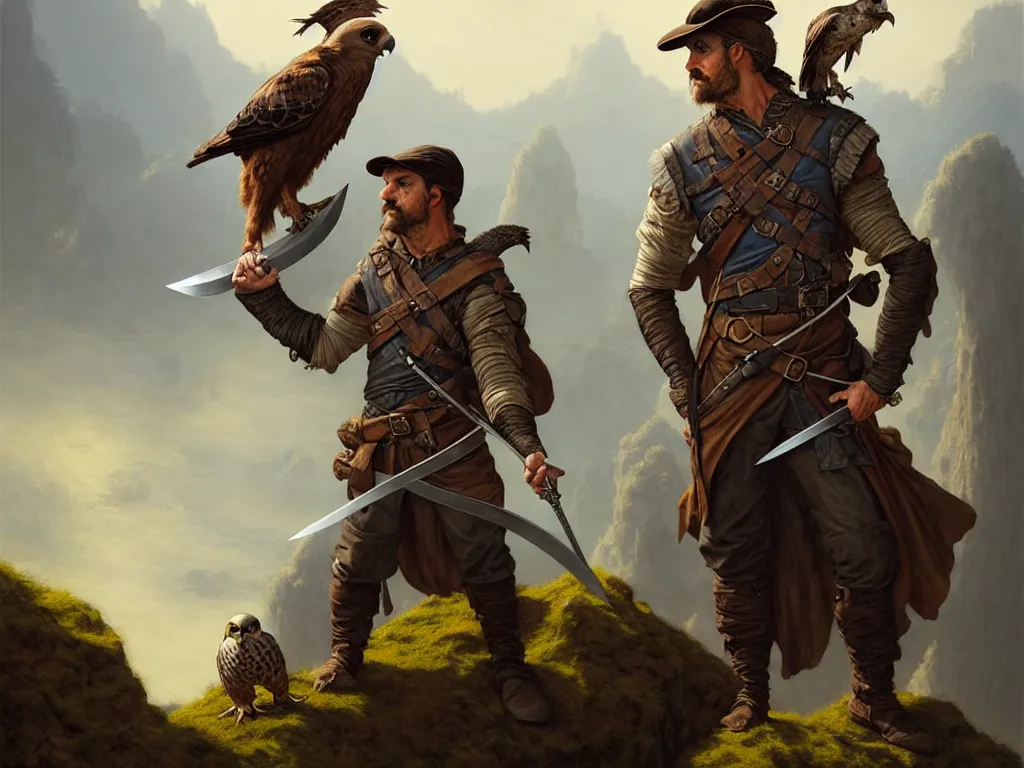 Image similar to middle age ranger with rugged expresions falcon pet on his sholder holding a long sword, top a cliff observing old ruins of a castle, elegant clothing, photorealistic render, matte patining, highly detailed, artstation, smooth, sharp focus, art by michael whelan, artgerm, greg rutkowski