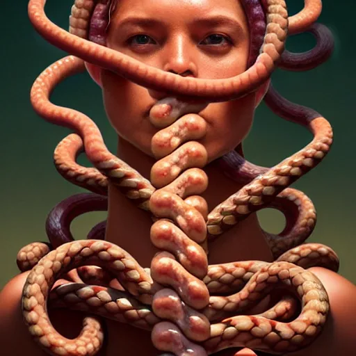 Image similar to medusa with sausages instead of snakes. replace snakes with sausages. intricate abstract. intricate artwork. by tooth wu, wlop, beeple, dan mumford. trending on artstation, greg rutkowski very coherent symmetrical artwork. cinematic, hyper realism, high detail, octane render, 8 k, iridescent accents