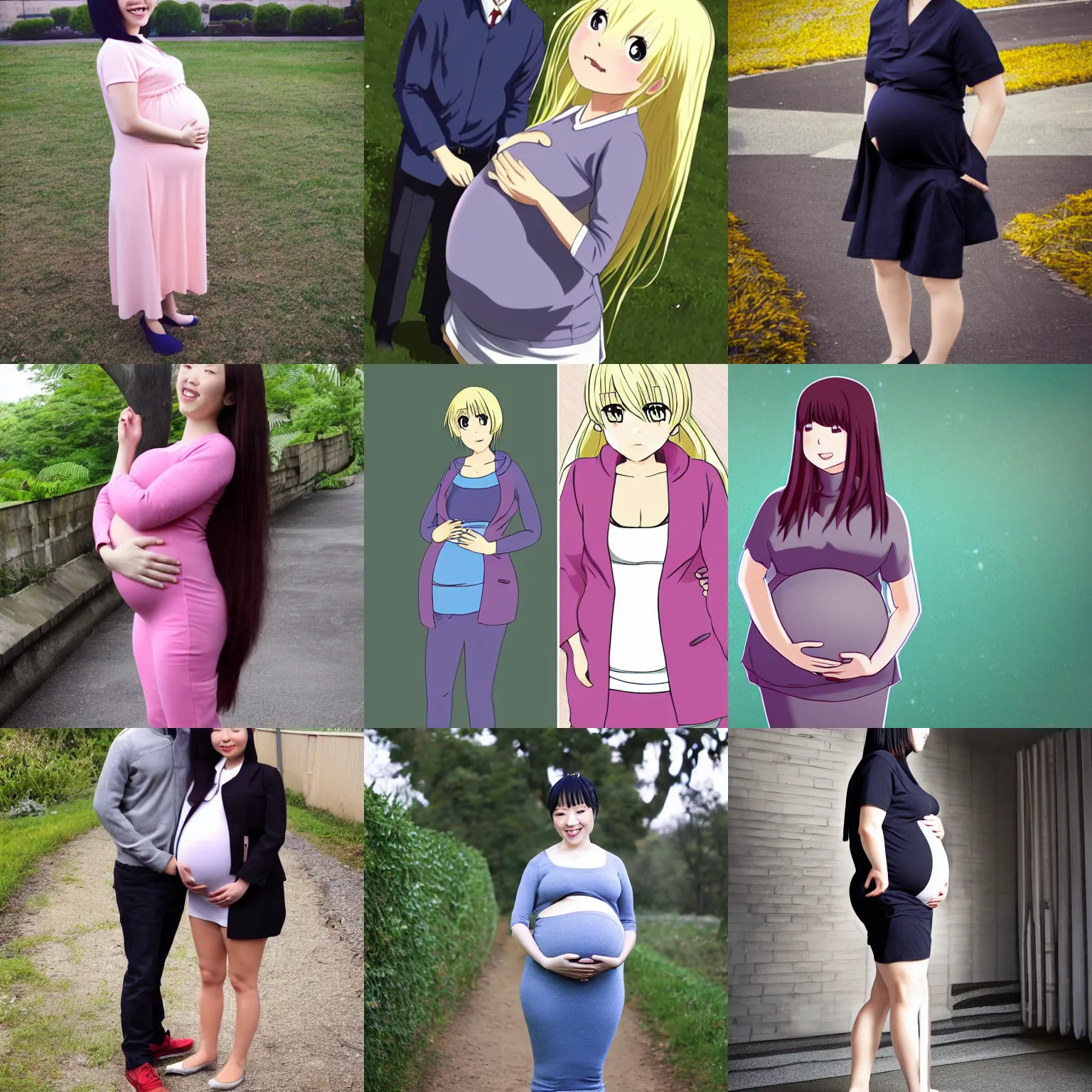 Prompt: himiwako with biggest pregnancy ever, fully clothed, standing sideways, full body view, realistic, smiling