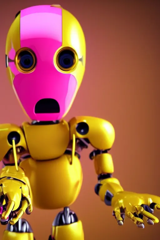 Prompt: an adorable yellow and pink robot with big sad eyes, futuristic look, highly detailed body, photorealistic camera shot, bright studio setting, studio lighting, crisp quality, light reflections, unreal engine 5 render,