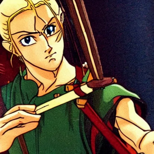 Image similar to Legolas in an 80s anime version of Lord of the Rings, holding a longbow, very detailed, ultra realistic, handpainted, Satoshi Kon, Hiyao Miyazaki, Katsuhiro Otomo