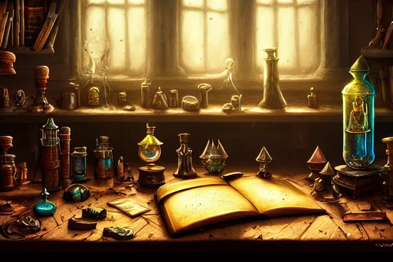 Prompt: cluttered, wood table, spell book, wizards laboratory, tony sart, window, mortar, pestle, glowing powder, compass, alembic, sparking light, beakers of colored liquid, greg rutkowski