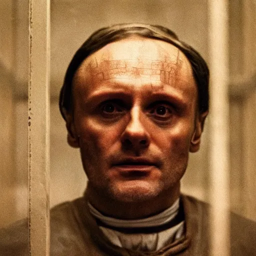 Prompt: medium shot portrait of hannibal lecter locked up in a cell, faded color film, russian cinema, mario testino, tarkovsky, technicolor, shallow depth of field, long brown hair, old clothing, brown color palette, low light, criminal institute, 4 k, dramatic lighting, concept art, trending on artstation