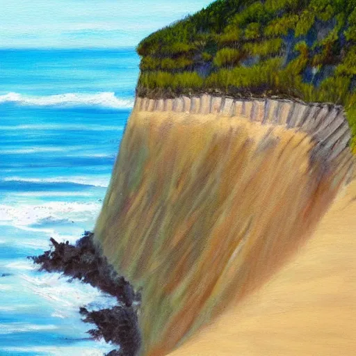 Prompt: a realistic painting of a huge seaside cliff with a beach at the bottom, and small huts in the beach, about to ne washed away by the ocean