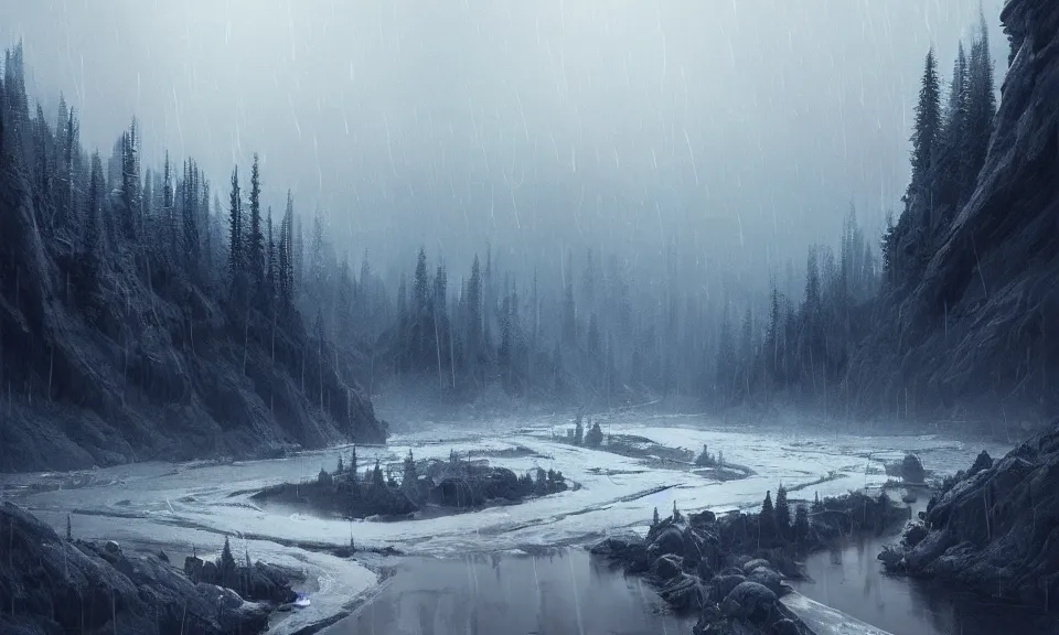 Prompt: when it's raining, a cold - looking sky with an icy river, mountains, and forest, digital painting, greg rutkowski, artstation, simon stalenhag, cinematic lighting, highly detailed