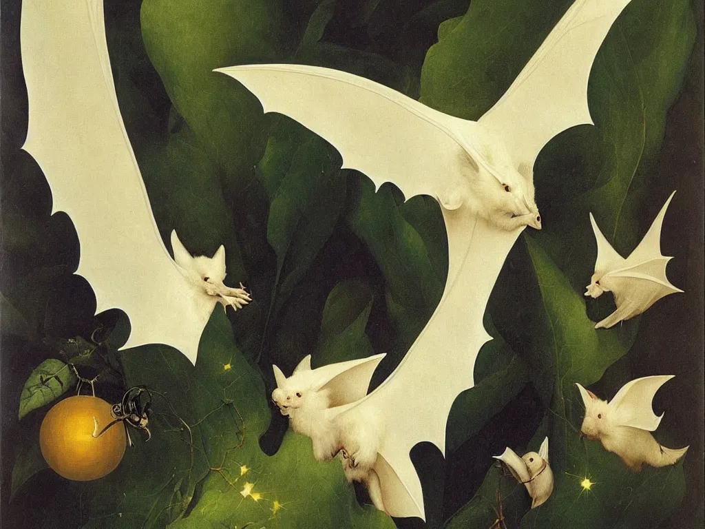 Image similar to beautiful exotic white fluffy bat, long antennae, giant ears. Night, fireflies. Painting by Jan van Eyck, Audubon, Rene Magritte, Agnes Pelton, Max Ernst, Walton Ford