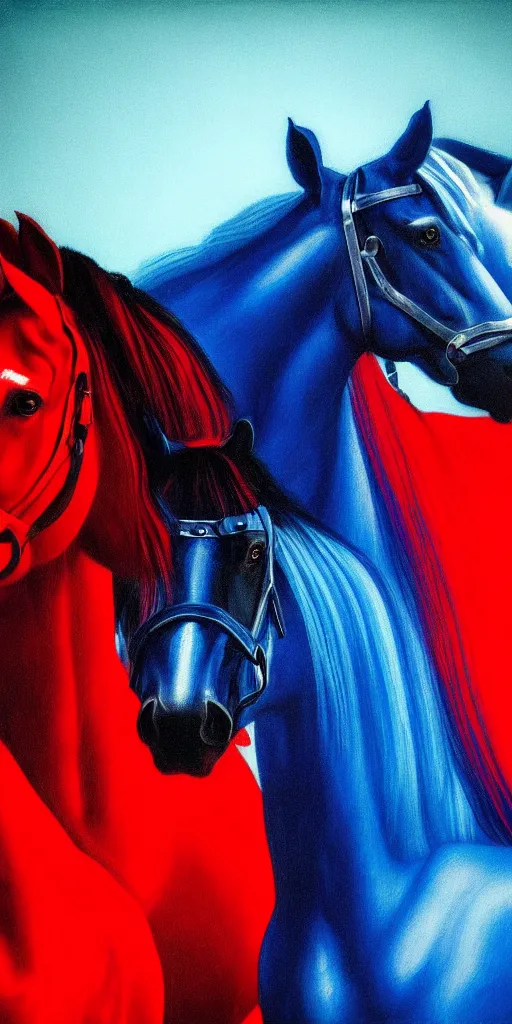 Image similar to red horses with blue riders, too many teeth, too many eyes, in hoc signo vinces, waterfall, in the style of gottfried helnwein, light by caravaggio, part by rodcenko, part by hofbauer, high contrast chiaroscuro, intricate composition, blue light, insanely quality, highly detailed, masterpiece, red light, artstation