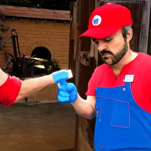 Prompt: italian plumber wearing a red hat and shirt, blue jumpsuit fighting a dinosaur, real life, realistic