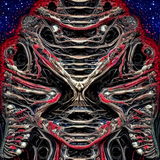 Image similar to Hyper detailed painting of a horrid eyeless fractal mechanical abomination covered in endless teeth as it devoures stars.