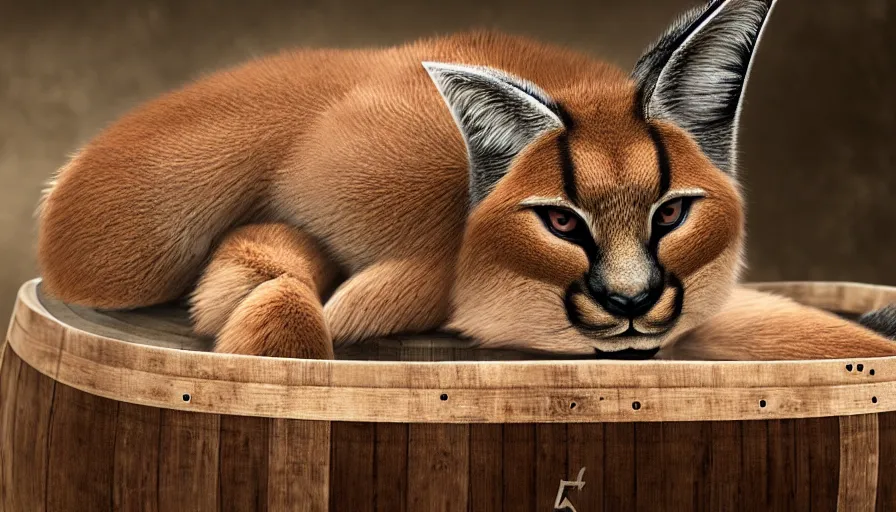 Image similar to longshot photo of cute fluffy caracal lying in wooden barrel lying on one side, ancient greek city, sunny day, by ilya kuvshinov, rtx rendering, octane render 1 2 8 k, maya, extreme high intricate details by tom bagshaw, medium shot, close up shot, composition by sana takeda, lighting by greg rutkowski