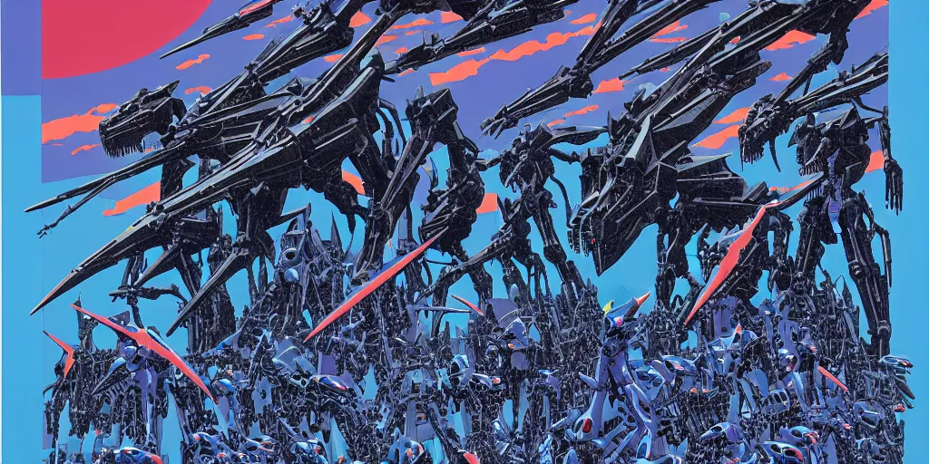 Image similar to risograph rendition of extremely - detailed black gigantic evangelion - like dinosaur mecha with a lot of blue children heads on it, ominous, intricate complexity, dramatic, epic composition, atmospheric, painting by moebius