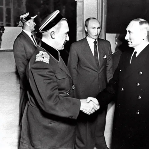 Prompt: Putin shakes hands with Hitler