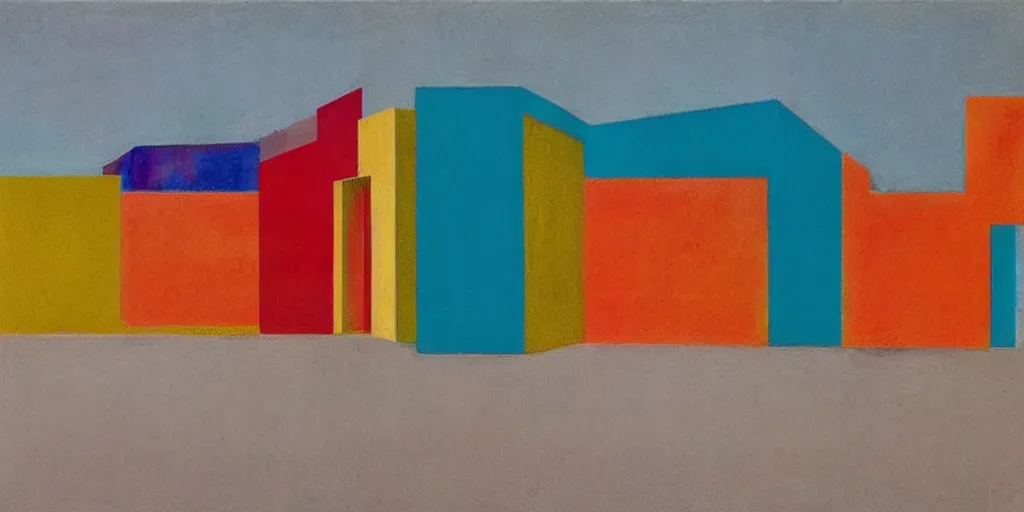 Prompt: neo brutralism, concrete housing, concept art, colorful, in the style of Mark Rothko and Edward Hopper