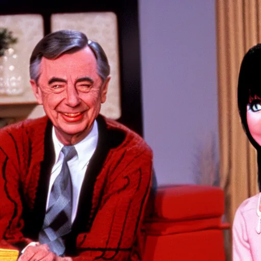 Image similar to Elvira sitting next to Mr. Rogers 8k hdr