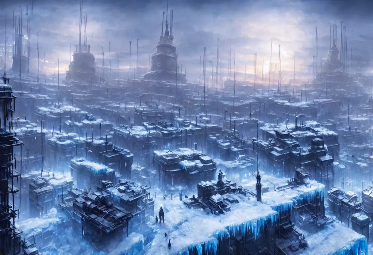 Image similar to frostpunk style concept art of frozen city with industrial machines, matte painting, beautiful render, octane render, concept art