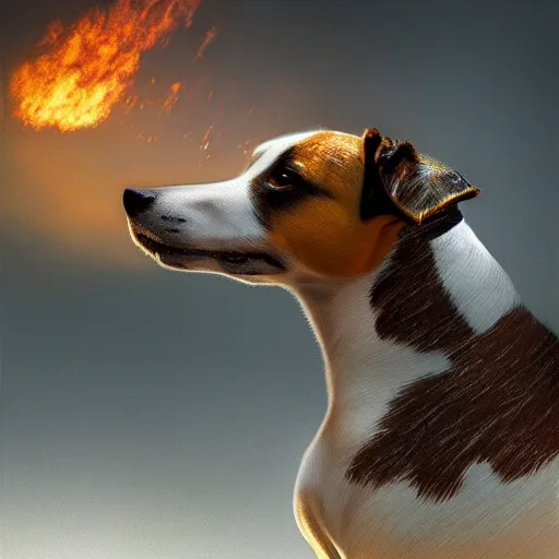 Image similar to hyperrealistic mixed media high resolution painting of a Jack Russell Terrier riding a horse into the Civil War, stunning 3d render inspired art by István Sándorfi and Greg Rutkowski and Unreal Engine, perfect symmetry, dim volumetric lighting, 8k octane beautifully detailed render, post-processing, extremely hyper-detailed, intricate, epic composition, highly detailed attributes, highly detailed atmosphere, cinematic lighting, masterpiece, trending on artstation, very very detailed, masterpiece, stunning, flawless structure, lifelike texture, perfection,