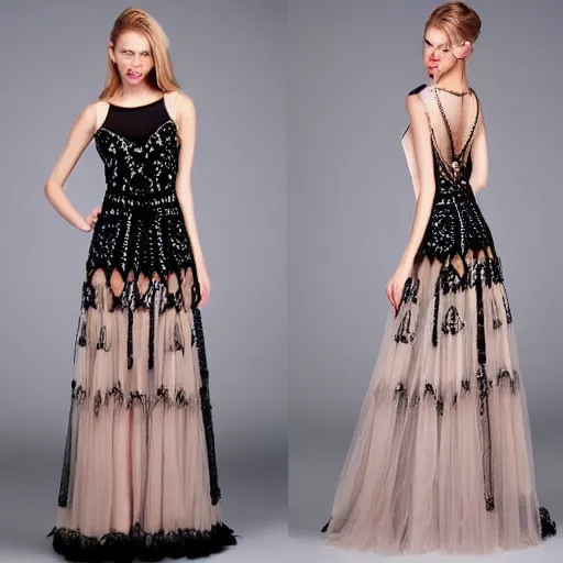 Image similar to fantastically beautiful long knitted large knitted evening dress. light colors. on top of the intricate black ornament openwork. and colored beads. asymmetrical. detailed. a masterpiece.