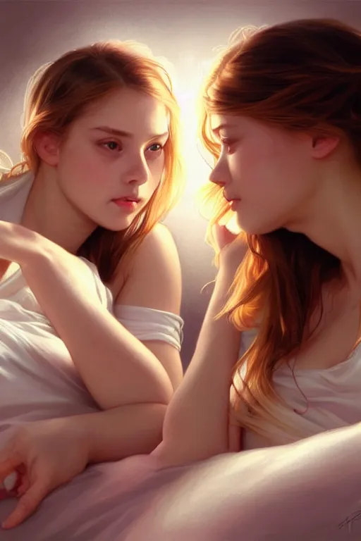 Image similar to two cute college girls rolling hard on ecstasy and glistening with sweat and intertwined on the bed with dilated pupils, realistic portrait, highly detailed, digital painting, artstation, concept art, smooth, sharp focus, illustration, cinematic lighting, art by artgerm and greg rutkowski and alphonse mucha